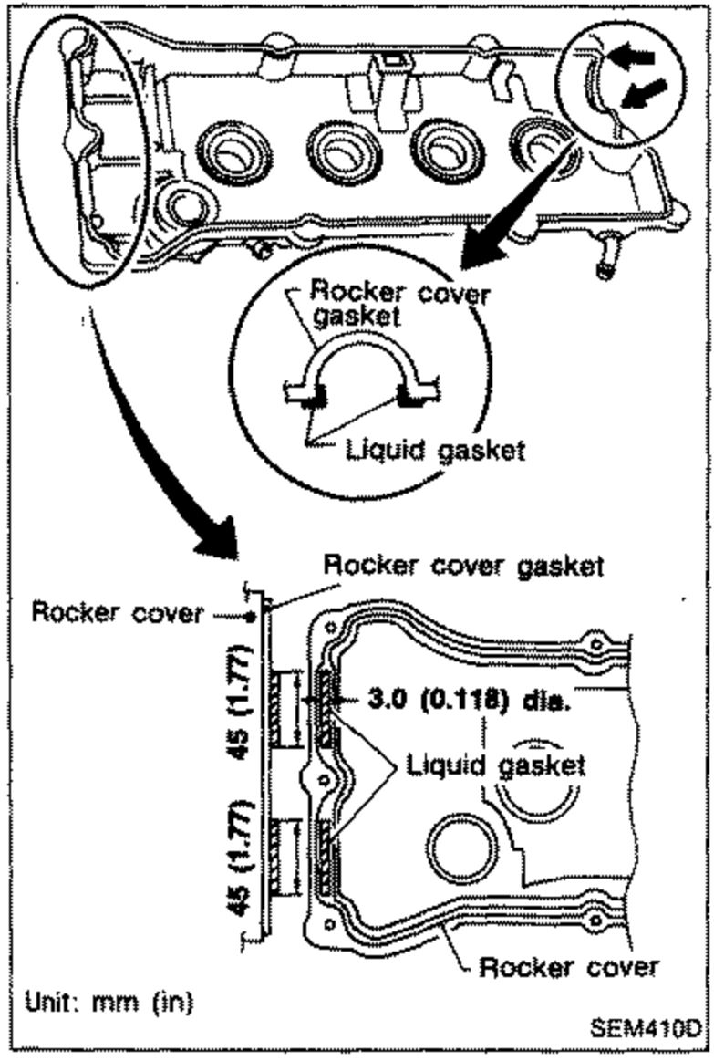 Rocker cover installation diagram for engines except GA16DE. Shows the rocker cover gasket layout with liquid gasket applied at corners; a 3.0 mm (0.118 in) dia. bead and 45 mm (1.77 in) spacing dimensions are marked. Unit: mm (in).