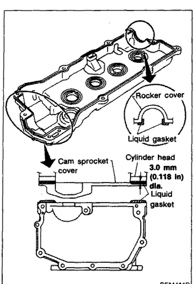 Rocker cover installation diagram for GA16DE. Shows liquid gasket applied to the rocker cover and cylinder head, including the cam sprocket cover area with a 3.0 mm (0.118 in) dia. liquid gasket bead.