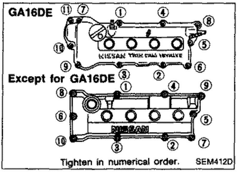 Rocker cover bolt tightening sequence diagrams for GA16DE (bolts 1-11) and Except for GA16DE (bolts 1-10). Caption: 'Tighten in numerical order.'