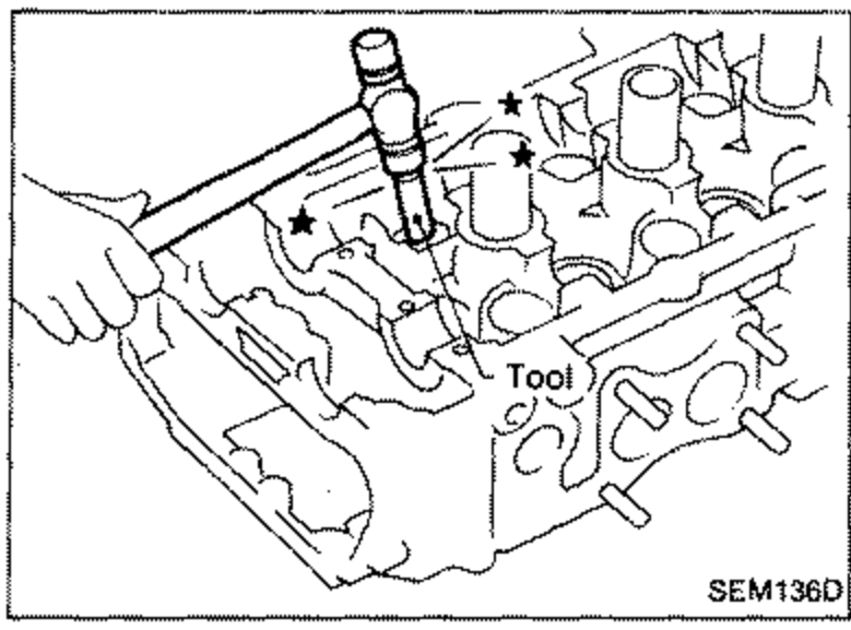 Illustration of removing a valve oil seal from the cylinder head using a special tool. A hand holds the tool which is positioned over a valve guide; arrows/stars indicate the valve locations. Label 'Tool' points to the puller tool.