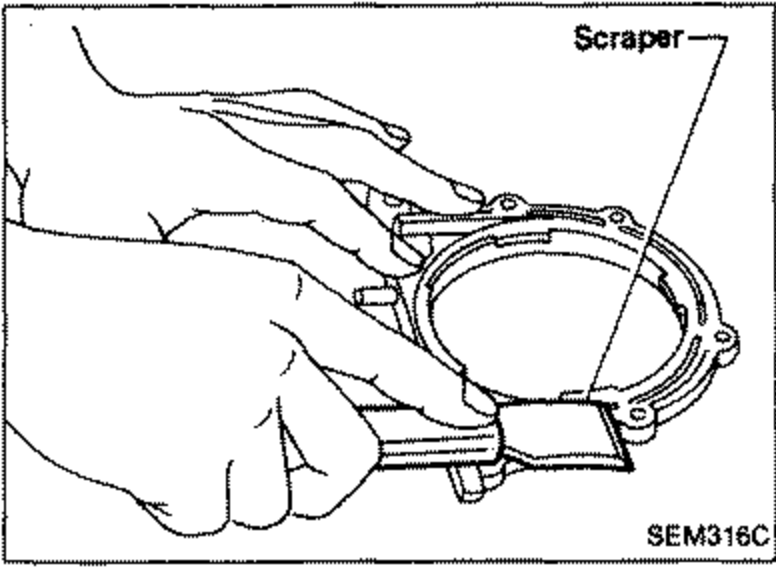 Illustration of removing traces of liquid gasket from the rear oil seal retainer using a scraper. A hand holds the scraper against the circular rear seal area. Label 'Scraper' points to the tool.