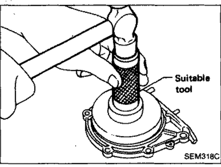 Illustration of installing a new rear oil seal into the rear oil seal retainer using a suitable tool. A hand holds the drift tool over the seal. Label 'Suitable tool' points to the tool.