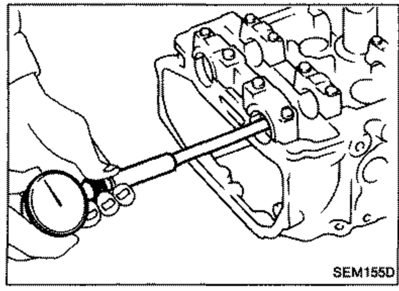 Illustration of measuring the inner diameter of a camshaft bearing in the camshaft bracket using a bore gauge.