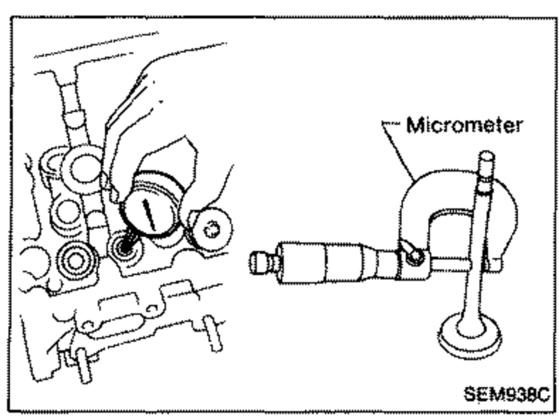 Illustration of measuring valve stem diameter with a micrometer. Label 'Micrometer' points to the measuring tool placed on the valve stem.