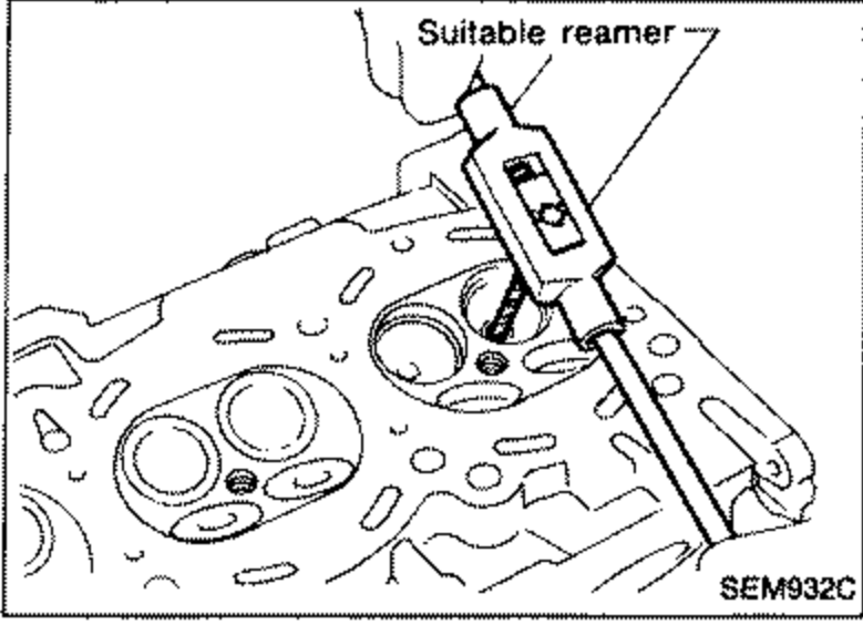 Illustration of reaming the valve guide to finished size using a suitable reamer in the cylinder head. Label 'Suitable reamer' points to the tool.