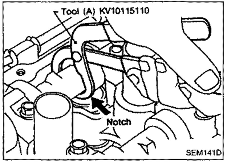 Tool (A) KV10115110 being placed against the camshaft to push it for shim removal. A 'Notch' is called out at lower left.