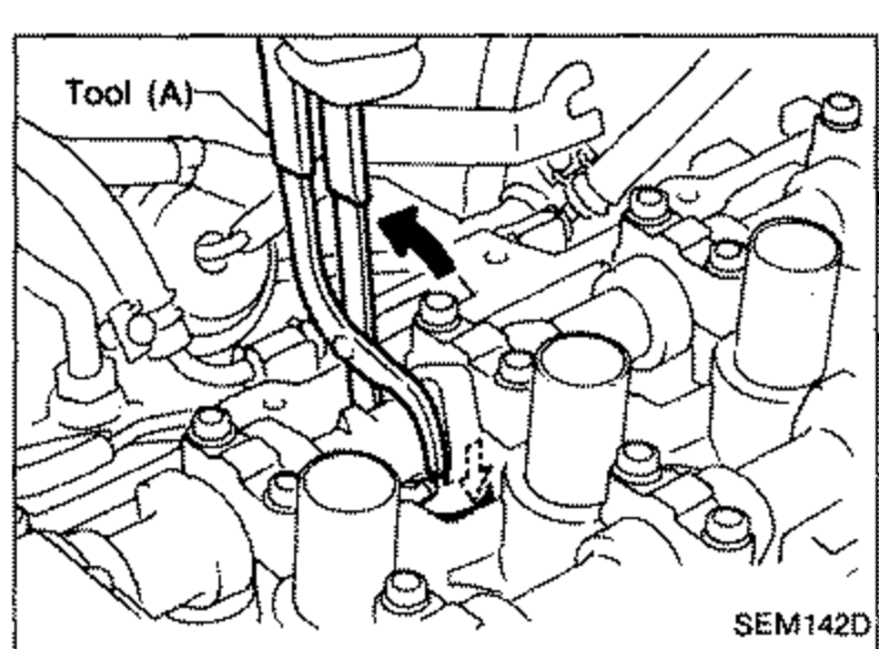 Tool (A) inserted around the camshaft with an arrow showing the rotating direction so that the valve lifter is pushed down.