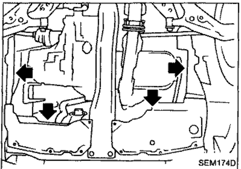 Underbody / front suspension view with arrows indicating brake caliper and tie-rod ball joint locations to be disconnected during engine removal.