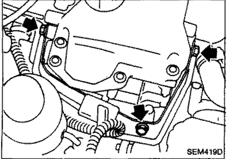 Engine bay view showing front mounting bracket and power steering pump area with arrows at attachment points to remove.