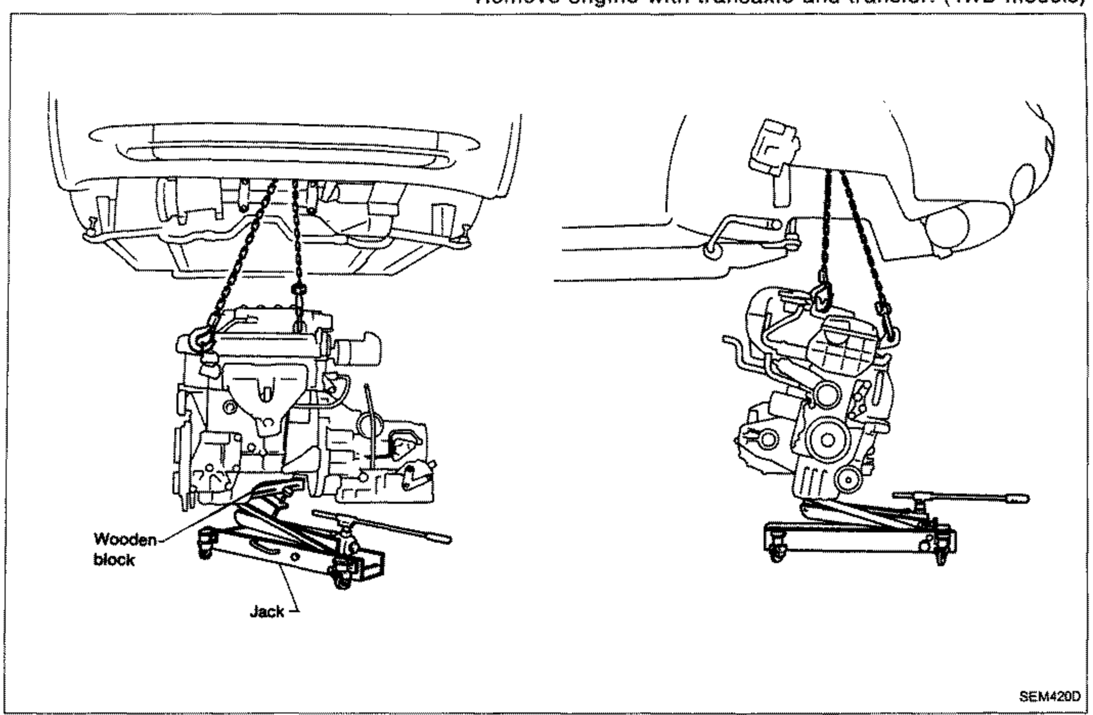 Two side views of the vehicle with the engine being lowered out from underneath using chains attached to engine slingers, supported on a transmission jack with a wooden block. Left view labeled with 'Wooden block' and 'Jack'; right view shows engine/transaxle assembly lowered onto the jack.