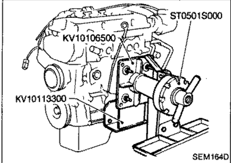 Engine mounted on a work stand with special tools attached. Tool references labeled: ST0501S000, KV10106500, and KV10113300 point to engine stand and attachment components.