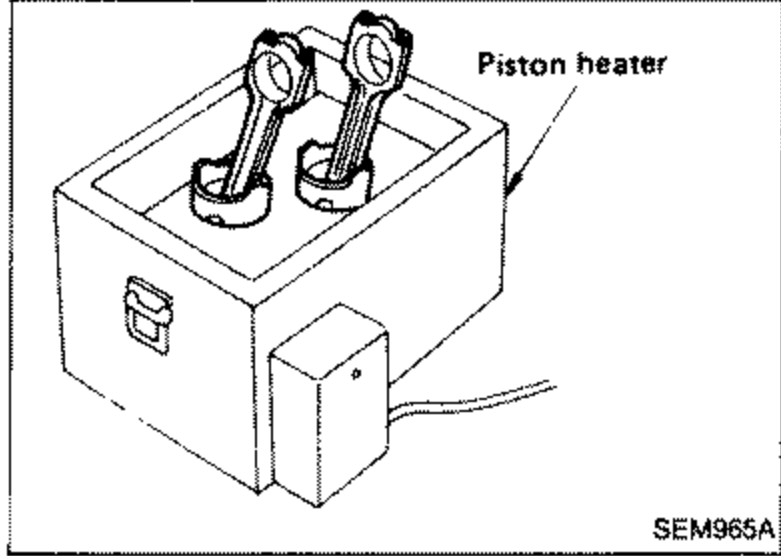 Piston heater shown as a box-shaped appliance with a connecting rod and piston assembly resting on top, illustrating heating the piston to remove the piston pin.
