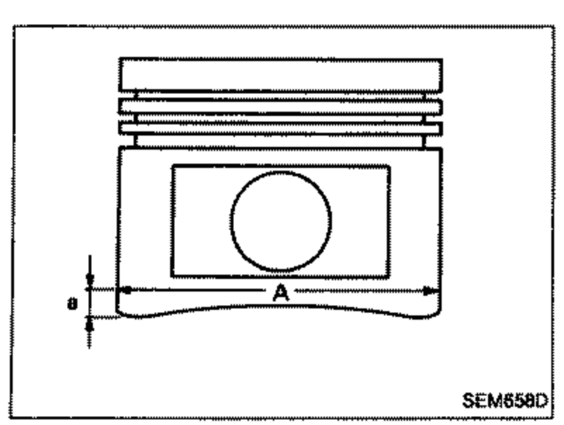 Side view of a piston showing the measuring point 'a' (distance from the bottom) and the piston skirt diameter 'A'. Dimension arrows mark 'a' along the lower skirt and 'A' across the skirt width.