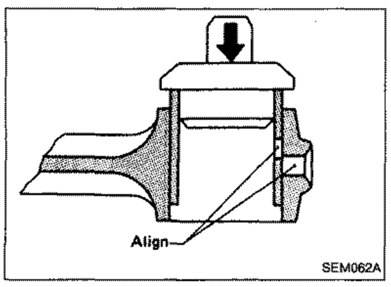 A press driving a small-end bushing into a connecting rod. A downward arrow indicates press direction. Label: 'Align' pointing to oil hole alignment.
