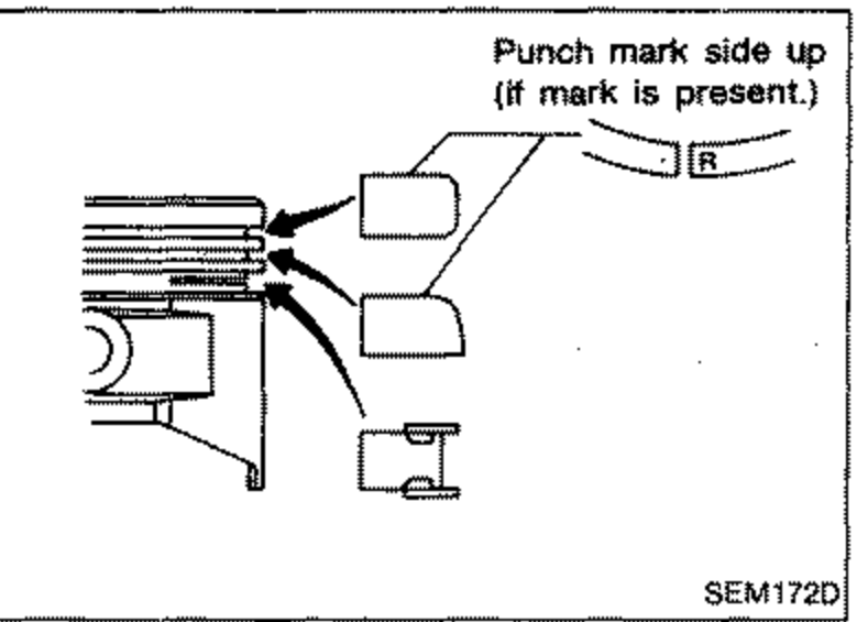 Cross-section showing how to set piston rings on the piston, with the punch mark side facing up. Callout: 'Punch mark side up (if mark is present)'. Shows ring profiles for top, second and oil rings.