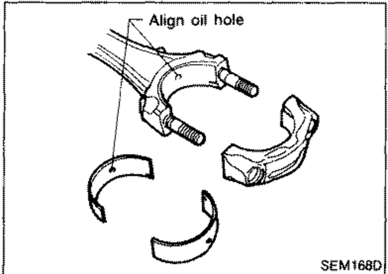 Connecting rod and connecting rod cap with bearing halves being installed; an arrow labeled 'Align oil hole' points to the oil hole alignment.