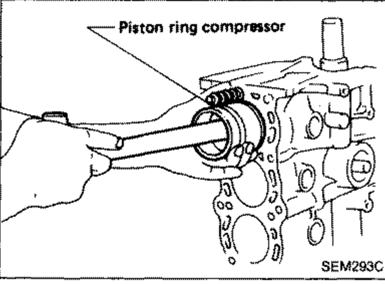 Hand installing a piston into a cylinder bore using a piston ring compressor (labeled with a callout 'Piston ring compressor').
