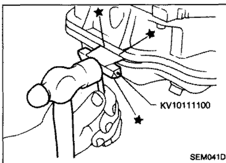 Tool KV10111100 being inserted between the aluminum oil pan and steel oil pan. Star markers indicate insertion points.