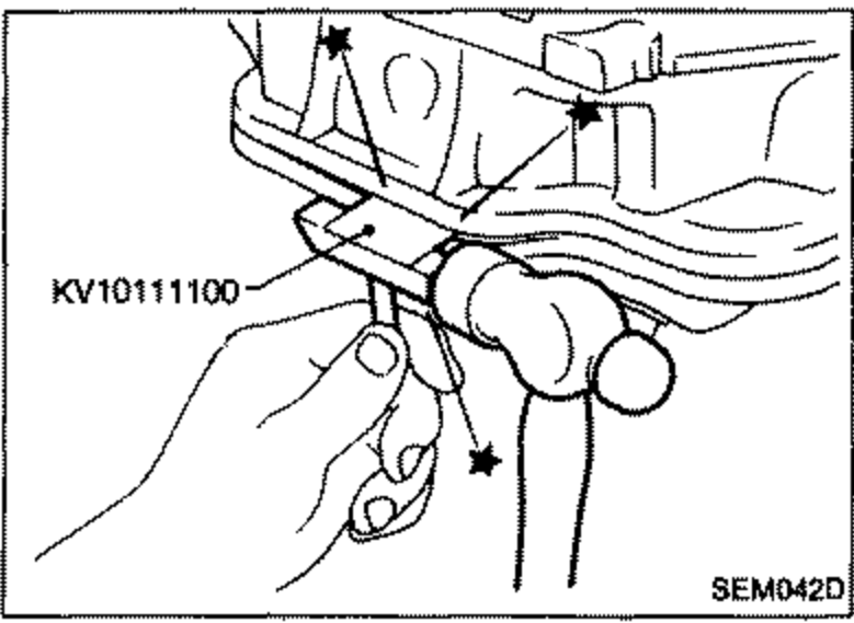 Tool KV10111100 positioned along the oil pan flange; star markers show where to tap the side of the tool with a hammer to slide it.