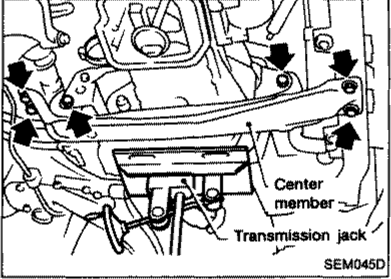 Underside view showing the front tube, center member, and a transmission jack supporting the transaxle. Arrows point to bolt locations.
