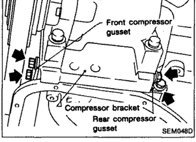 Front and rear compressor gussets and the compressor bracket. Arrows point to mounting bolts.