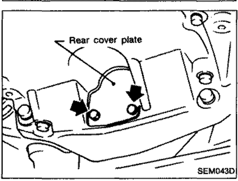Rear cover plate at the rear of the engine; arrows point to its retaining bolts.