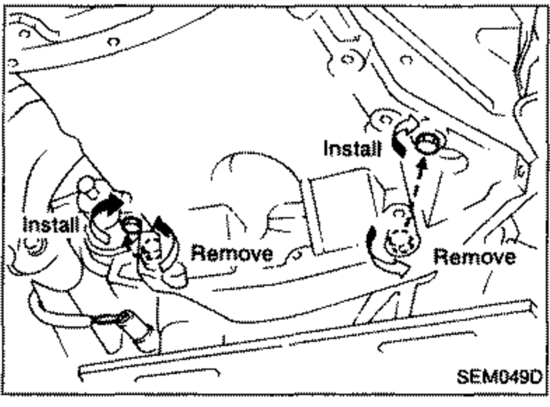 Engine-to-transaxle bolt area showing 'Install' and 'Remove' callouts with arrows indicating bolts to remove and to reinstall into vacant holes to release the aluminum oil pan from the cylinder block.