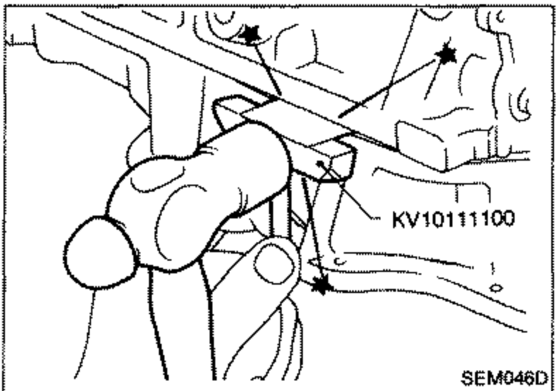 Tool KV10111100 inserted between the cylinder block and aluminum oil pan; star markers indicate insertion points.