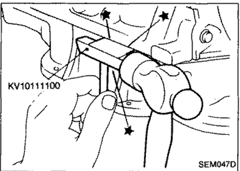 Tool KV10111100 positioned along the mating surface; star markers show where to tap the side of the tool with a hammer to slide it.