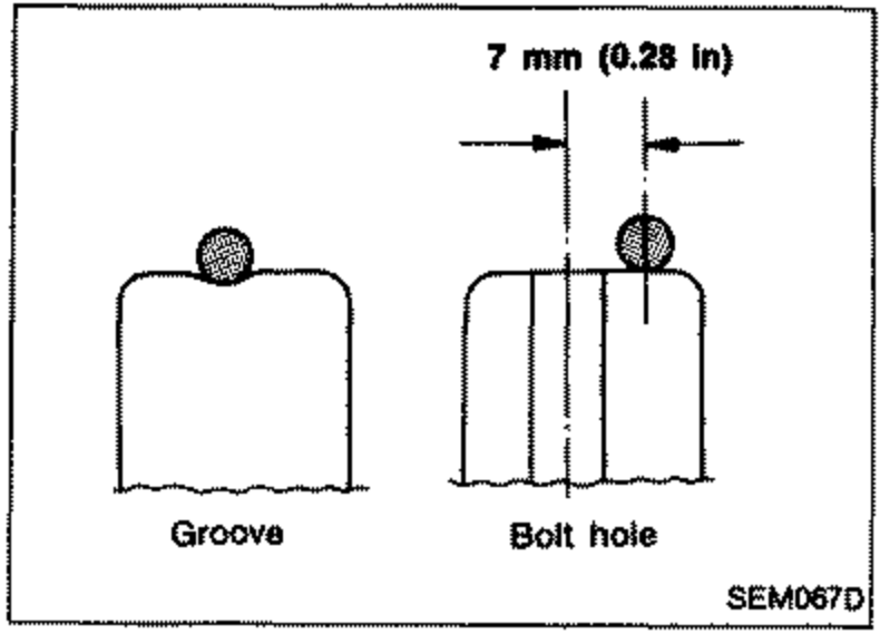 Cross-section detail showing how to apply a 7 mm (0.28 in) bead of liquid gasket at a groove and around a bolt hole. Labeled 'Groove' and 'Bolt hole'.