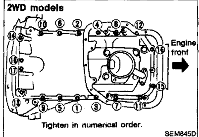 Aluminum oil pan bolt tightening sequence for '2WD models' with numbered bolt positions. 'Engine front' arrow points right. Note reads 'Tighten in numerical order.'