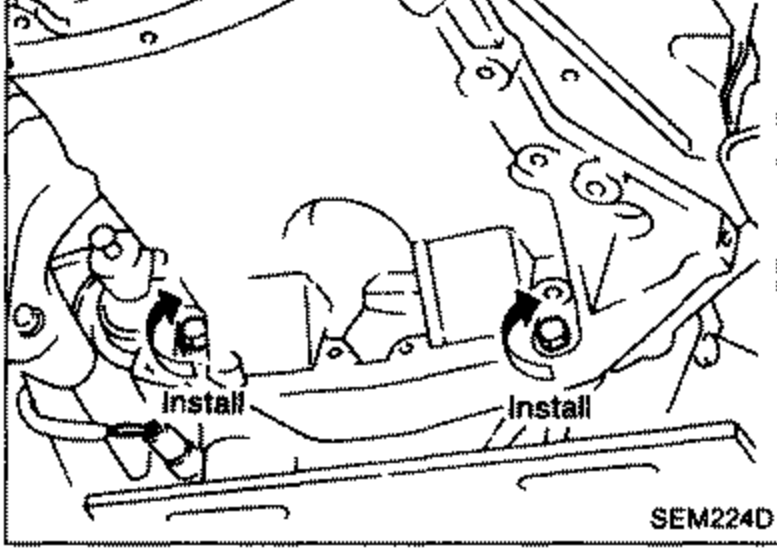 Engine-to-transaxle bolt area with 'Install' callouts and arrows pointing to the two bolts to install.
