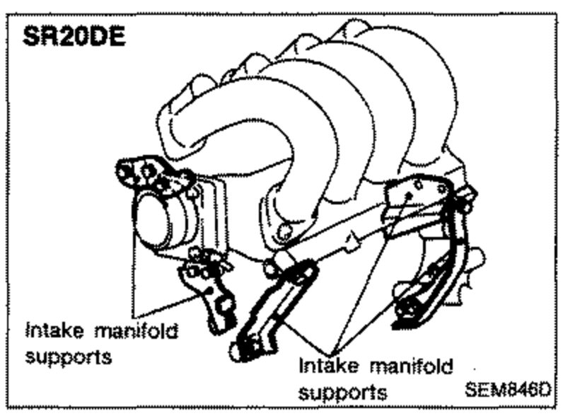 SR20DE intake manifold supports; arrows/labels point to the intake manifold supports to remove. Labeled 'SR20DE' and 'Intake manifold supports'.