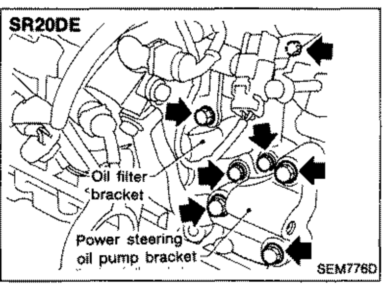 SR20DE oil filter bracket and power steering oil pump bracket; arrows point to mounting bolts. Labeled 'SR20DE', 'Oil filter bracket', and 'Power steering oil pump bracket'.