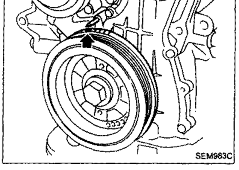 Crankshaft pulley being rotated to set No. 1 piston at T.D.C. on the compression stroke; arrow indicates rotation direction.