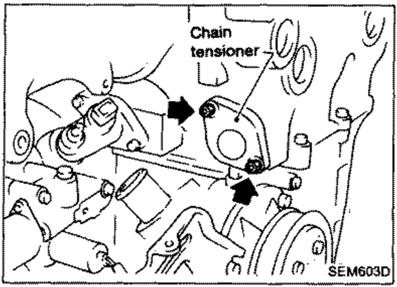 Chain tensioner being removed; arrows point to its retaining bolts. Labeled 'Chain tensioner'.