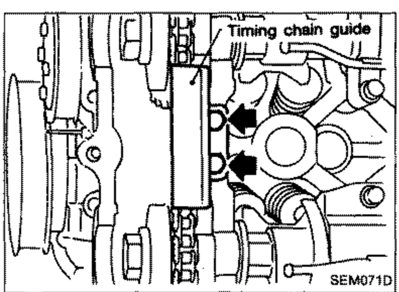 Engine view showing the timing chain guide being removed. A labelled callout 'Timing chain guide' with arrows points to the guide at the top of the engine.