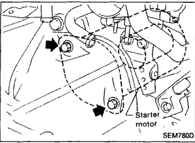 Engine view showing the starter motor removal with arrows pointing to bolts and a labelled callout 'Starter motor'.