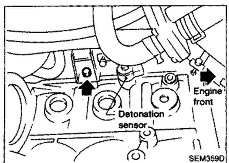 Engine view showing the water pipe bolt removal area, with downward arrows pointing to bolts. Labels: 'Detonation sensor' and 'Engine front' arrow on the right.