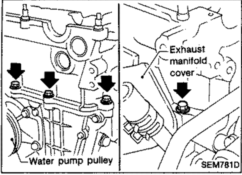Engine view showing cylinder head outside bolts with downward arrows pointing to bolt locations. Labels: 'Exhaust manifold cover' and 'Water pump pulley'.