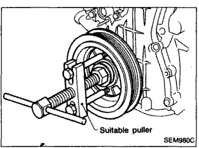 Crankshaft pulley being removed with a puller tool. Labelled callout 'Suitable puller'.