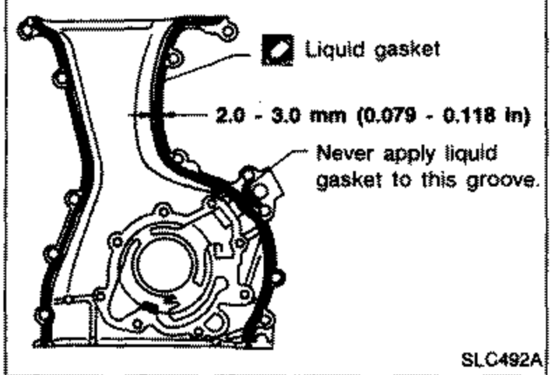 Front cover with liquid gasket bead application diagram. Labels: 'Liquid gasket', dimension '2.0 - 3.0 mm (0.079 - 0.118 in)', and note 'Never apply liquid gasket to this groove.'
