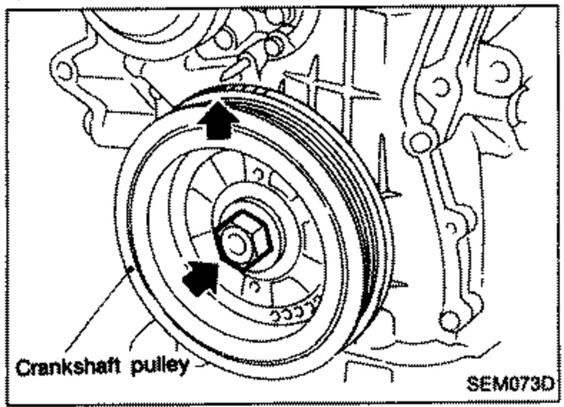 Crankshaft pulley installation, with an arrow pointing to it. Labelled callout 'Crankshaft pulley'.