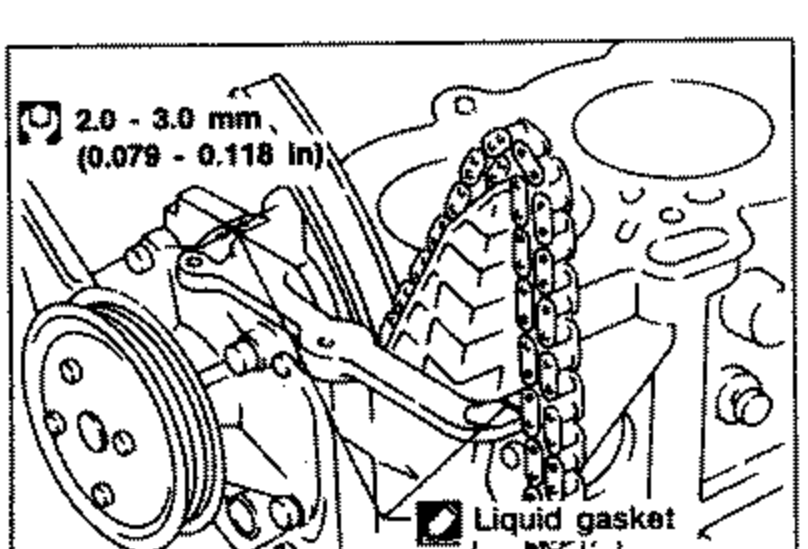 Engine block view showing application of a continuous bead of liquid gasket to the mating surface of the cylinder block before installing the cylinder head gasket. Labels: 'Liquid gasket', dimension '2.0 - 3.0 mm (0.079 - 0.118 in)'.