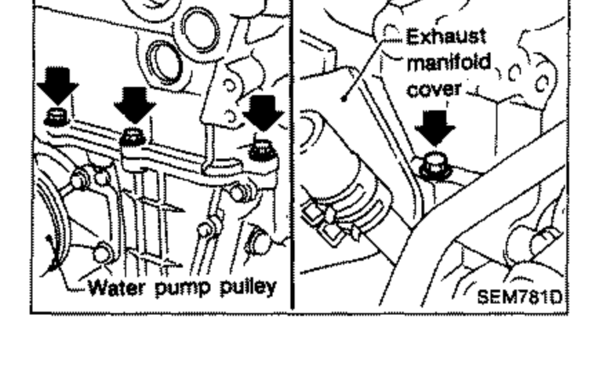 Engine view showing cylinder head outside bolts and exhaust manifold cover installation, with arrows pointing to bolts. Labels: 'Exhaust manifold cover', 'Water pump pulley'.