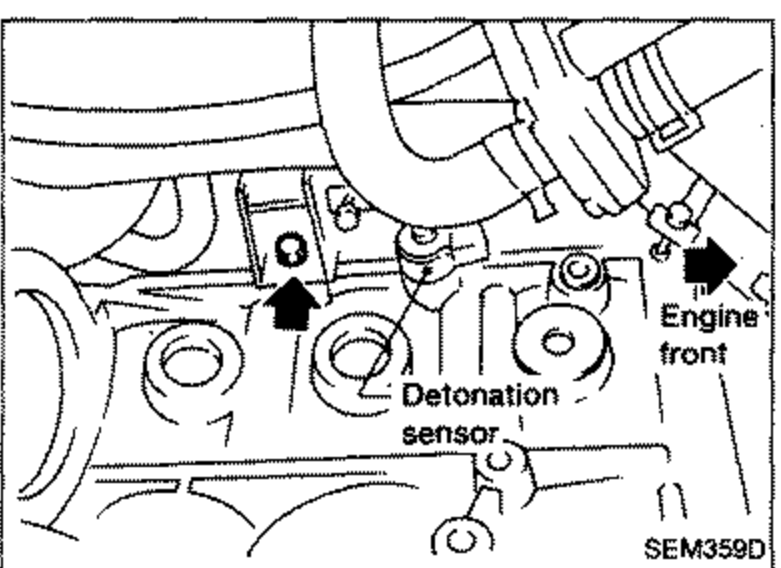 Engine view showing water pipe bolt installation, with upward arrows pointing to bolts. Labels: 'Detonation sensor', 'Engine front' arrow on the right.