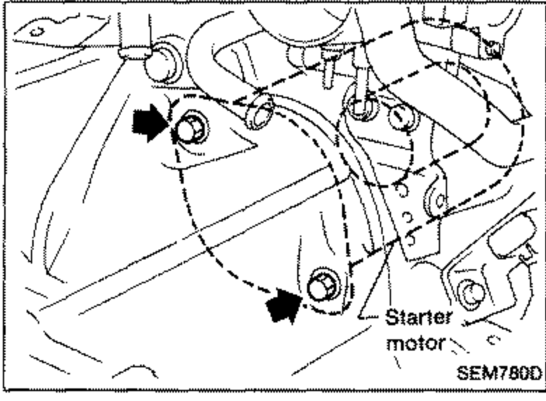 Engine view showing starter motor installation with arrows pointing to bolts. Labelled callout 'Starter motor'.