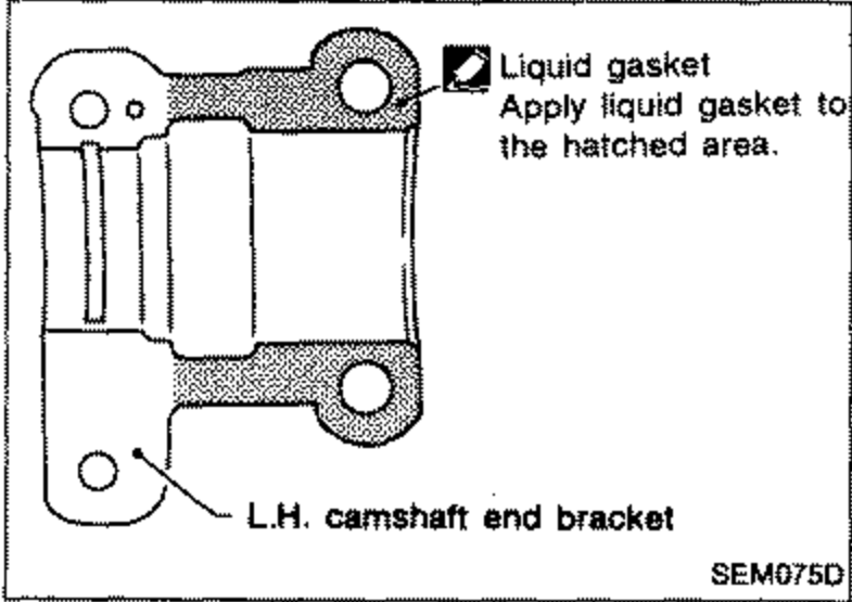 L.H. camshaft end bracket showing the hatched area where liquid gasket is applied. Labels: 'Liquid gasket - Apply liquid gasket to the hatched area.', 'L.H. camshaft end bracket'.