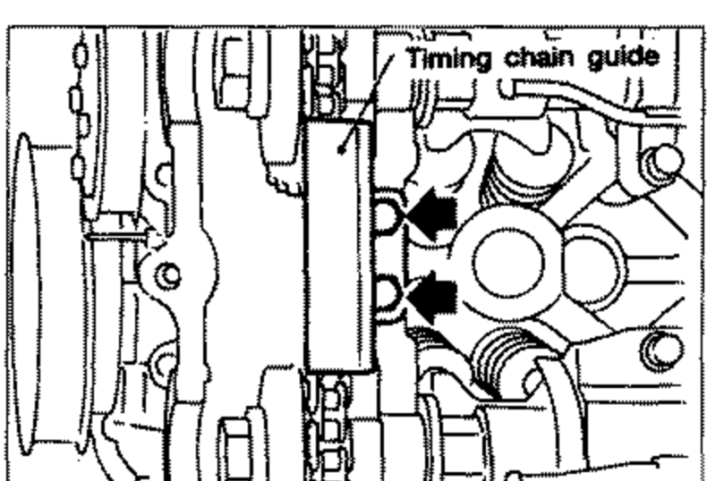 Cylinder head / front cover area showing the timing chain guide being installed. Two black arrows point to the chain guide and its mounting position. Label 'Timing chain guide' at top.