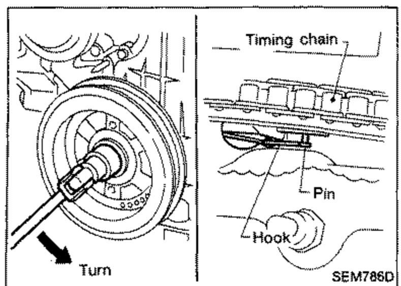 Two-part view of the crankshaft/timing chain. Left side shows a black arrow labeled 'Turn' indicating to turn the crankshaft counterclockwise. Right side shows the timing chain with 'Pin' and 'Hook' labels, illustrating releasing the tensioner hook.